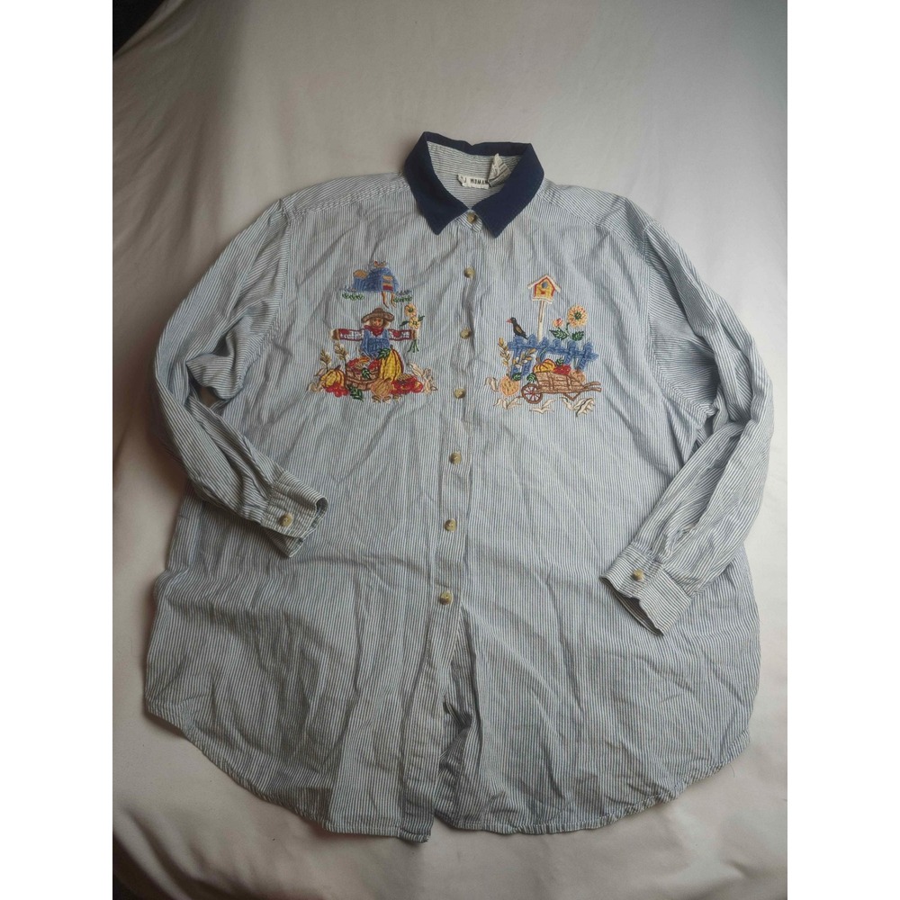 VJ Woman Blue Pinstripe Embroidered Scarecrow Harvest Cotton Shirt Plus Size 24W